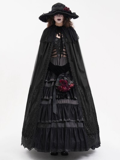 Devil Fashion Black Gothic Embroidered Lace Hooded Long Cloak for Women