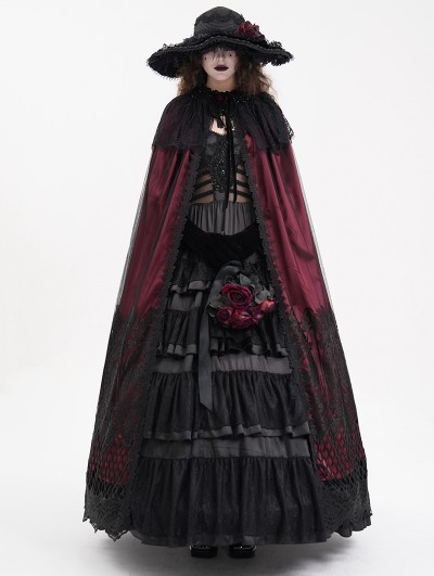 Devil Fashion Wine Red Gothic Embroidered Lace Hooded Long Cloak for Women