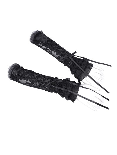 Devil Fashion Black Gothic Lace Ruffle Lace-Up Fingerless Gloves for Women