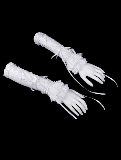 Devil Fashion White Gothic Lace Ruffle Lace-Up Fingerless Gloves for Women