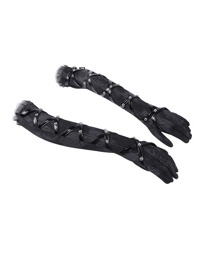 Devil Fashion Black Gothic Punk Studded Cross Strap Opera Gloves for Women