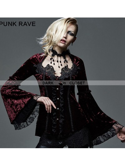 Punk Rave Wine Red Velvet Lace Gothic Blouse for Women - DarkinCloset.com