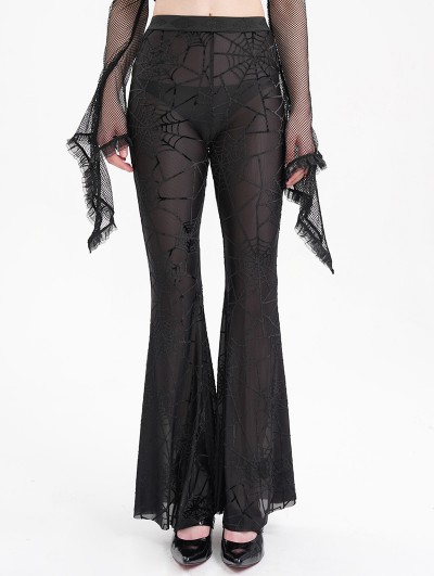 Devil Fashion Black Gothic Sexy Spider Web Mesh Flared Pants for Women