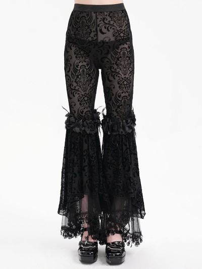 Devil Fashion Black Gothic Floral Lace Mesh Patchwork Flared Pants for Women