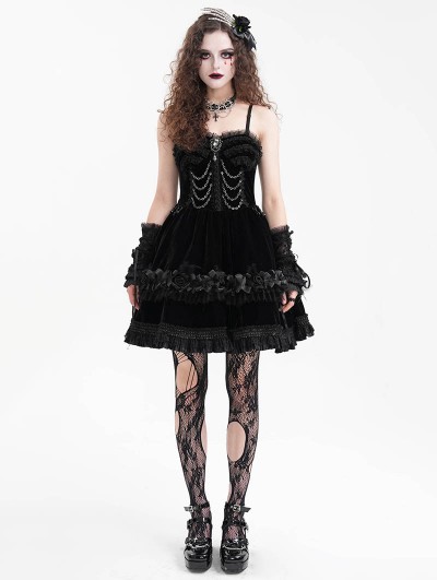 Devil Fashion Black Gothic Velvet Chain 3D Flower Short Party Slip Dress