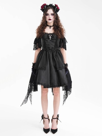 Devil Fashion Black Gothic Off-the-Shoulder Lace Halter Short Party Dress