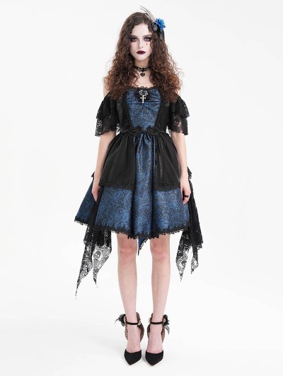 Devil Fashion Black and Blue Gothic Off-the-Shoulder Lace Halter Short Party Dress