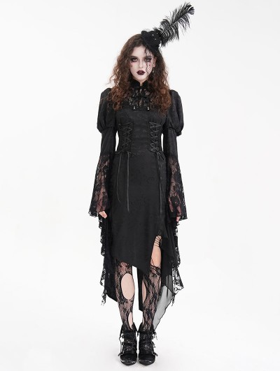 Devil Fashion Black Vintage Gothic Hollow Out Long Puff Sleeve  Asymmetrical Slit Dress