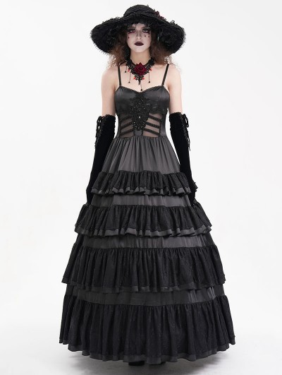 Devil Fashion Black Gothic Sexy Retro Lace Trim Tiered Strappy Maxi Dress