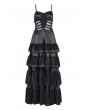 Devil Fashion Black Gothic Sexy Retro Lace Trim Tiered Strappy Maxi Dress