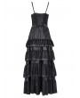 Devil Fashion Black Gothic Sexy Retro Lace Trim Tiered Strappy Maxi Dress