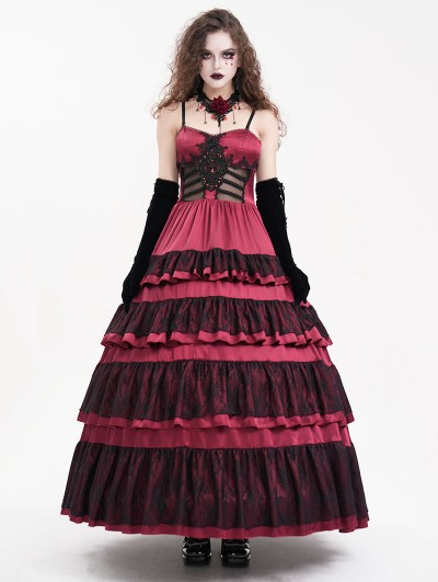 Devil Fashion Red Gothic Sexy Retro Lace Trim Tiered Strappy Maxi Dress