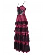 Devil Fashion Red Gothic Sexy Retro Lace Trim Tiered Strappy Maxi Dress