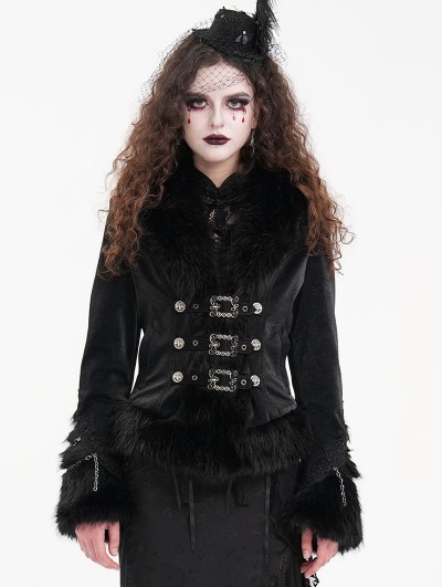 Devil Fashion Black Gothic Vintage Faux Fur Trim Fitted Short Jacket for Women