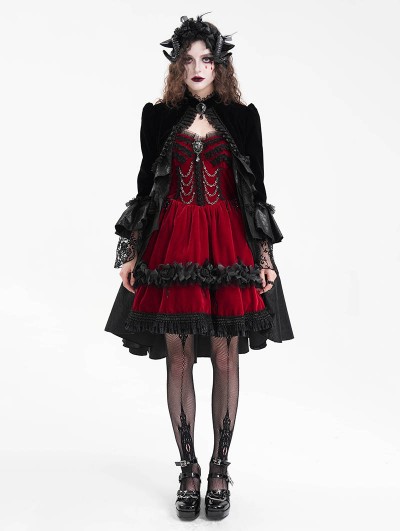 Devil Fashion Black Vintage Gothic Velvet Open Front Tail Coat for Women