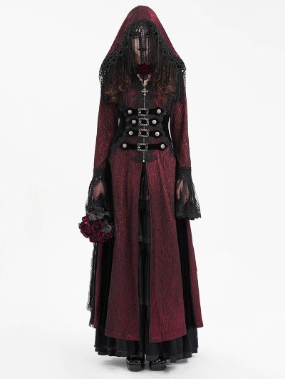 Devil Fashion Wine Red Vintage Gothic Gorgeous Bead Tassel Hooded Long Jacket for Women