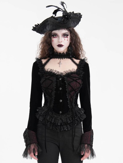 Devil Fashion Black and Red Romantic Gothic Velvet Lace Short Jacket for Women