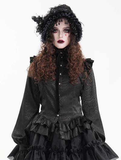 Devil Fashion Black Gothic Vintage Lantern Sleeve Ruffle Shirt for Women