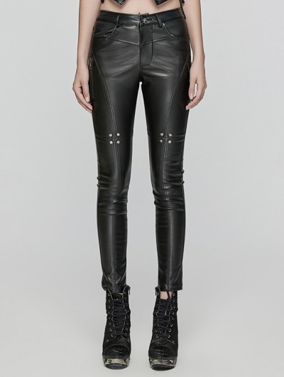 Punk Rave Black Gothic Punk Faux Leather Slim Fit Pants for Women