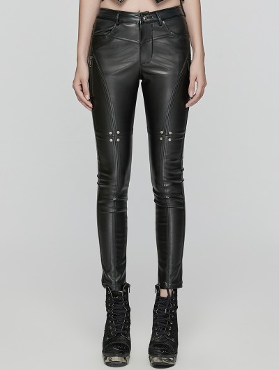 Punk Rave Black Gothic Punk Faux Leather Slim Fit Pants for Women