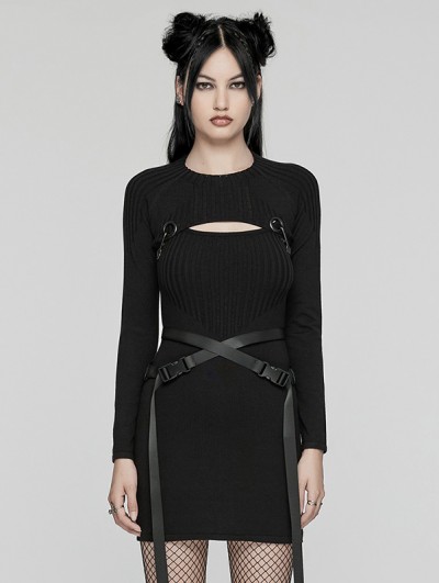 Punk Rave Black Gothic Punk Techwear Knitted Two Piece Dress Set