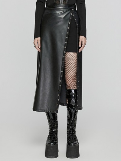 Punk Rave Black Fashion Gothic Daily Faux Leather Slit Skirt