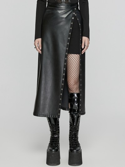 Punk Rave Black Fashion Gothic Daily Faux Leather Slit Skirt