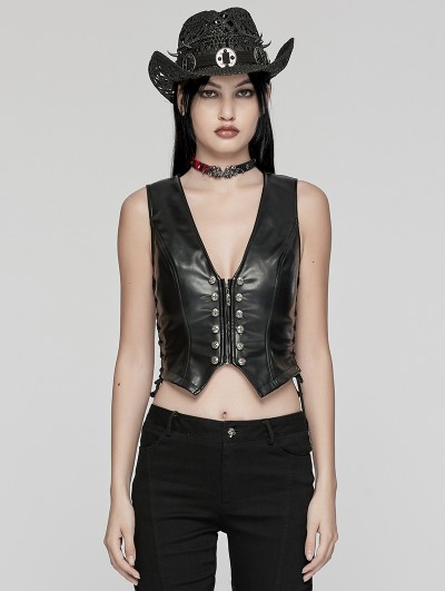 Punk Rave Black Gothic Punk Rivet Faux Leather Vest for Women