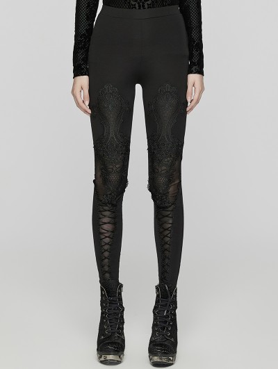 Punk Rave Black Gothic Lace Mesh Knitted Leggings for Women