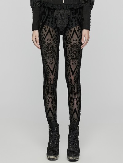 Punk Rave Black Vintage Gothic Pattern Flocked Mesh Leggings for Women