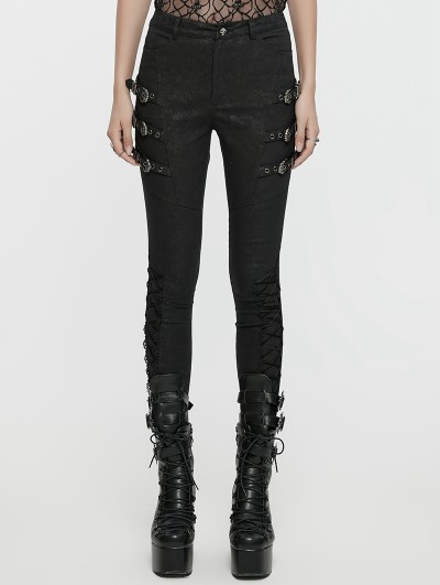 Punk Rave Black Gothic Retro Printed Metal Buckle Pants for Women