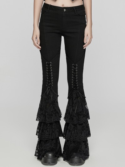 Punk Rave Black Gothic Layered Lace Flared Low Waist Jeans for Women