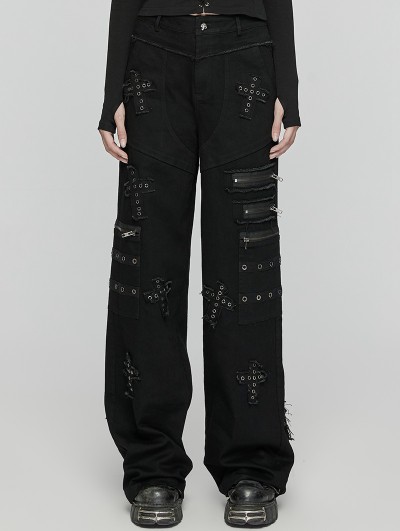 Punk Rave Black Gothic Punk Decadent Cross Patch Straight Loose Pants for Women