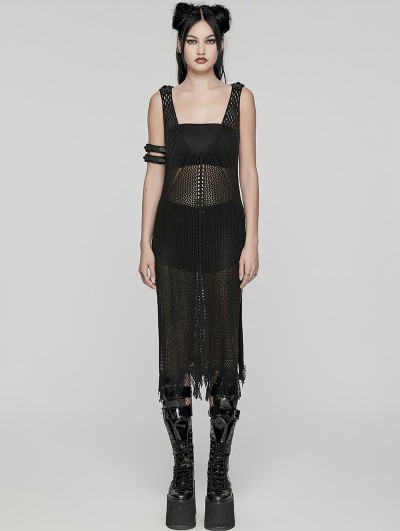 Punk Rave Black Gothic Post-Apocalyptic Techwear Style Hollow Out Dress