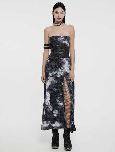 Punk Rave Black and Gray Gothic Sexy Tie-Dyed Knitted Strapless Long Slit Dress