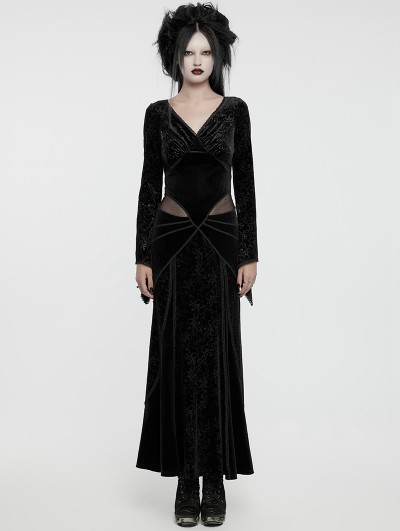 Punk Rave Black Gothic V-Neck Embossed Velvet Mesh Splicing Sexy Long Dress