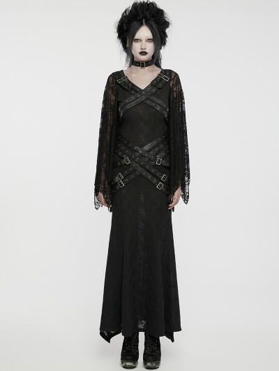 Punk Rave Black Gothic Punk Multi-Buckle Sexy Lace Bat Sleeves Dress