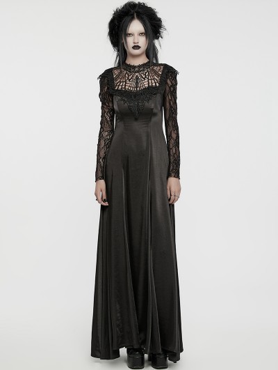 Punk Rave Black Gothic Hollow Out Lace Applique Long Sleeve Maxi Dress