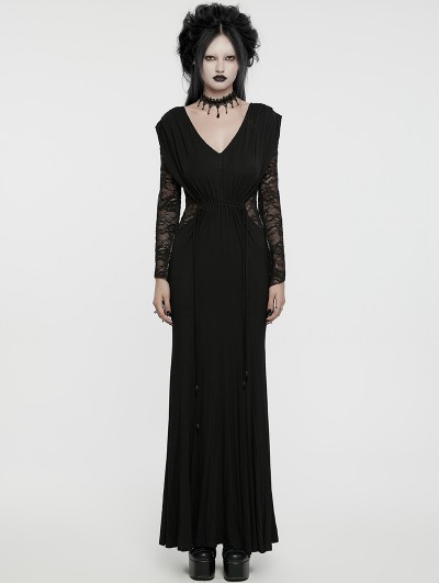 Punk Rave Black V Neck Gothic Lace Hollow Long Sleeve Formal Dress