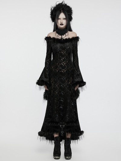 Punk Rave Black Gothic Dark Off-the-Shoulder Lace Fur Trim Sexy Dress