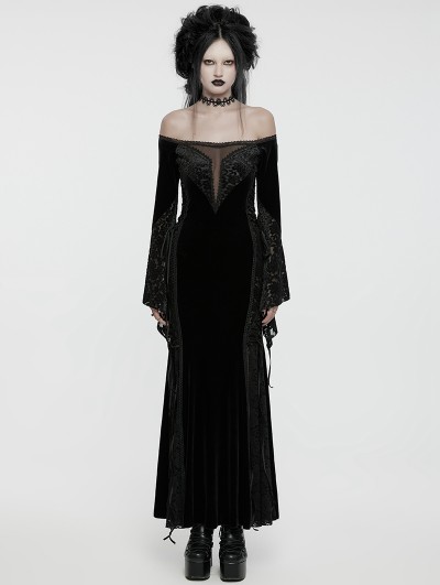 Punk Rave Black Gothic Off-the-Shoulder Sexy Velvet Lace Splicing Long Dress