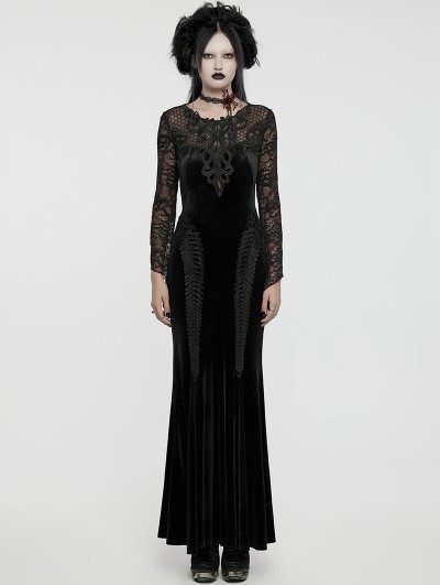 Punk Rave Black Gothic Sexy Velvet Floral Mesh Lace Sleeve Dress