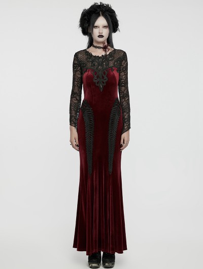 Punk Rave Red and Black Gothic Sexy Velvet Floral Mesh Lace Sleeve Dress