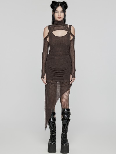 Punk Rave Coffee Gothic Hooded Irregular Mesh Two-Piece Dress