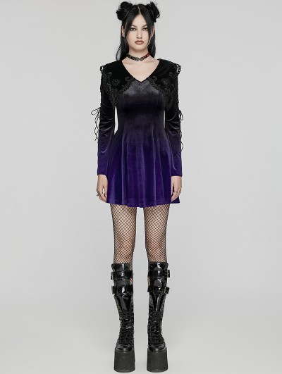 Punk Rave Black and Violet Velvet Sweet Gothic Flared Sleeve Short Dress