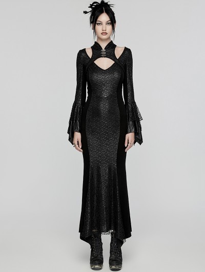 Punk Rave Black Gothic Retro Mesh Irregular Flared Sleeve Long Fishtail Dress