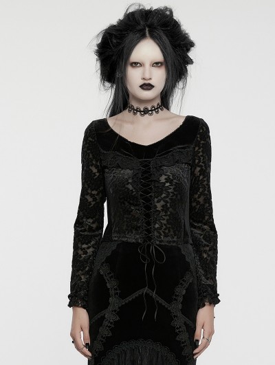 Punk Rave Black Gothic V-Neck Gorgeous Lace Velvet T-Shirt for Women