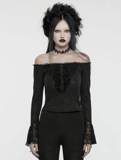 Punk Rave Black Gothic Sexy Off-the-Shoulder Lace Ruffles T-Shirt for Women