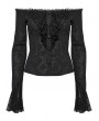 Punk Rave Black Gothic Sexy Off-the-Shoulder Lace Ruffles T-Shirt for Women