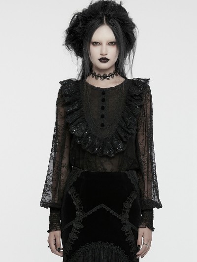 Punk Rave Black Gothic Sequin Pleated Ruffle Lace Shirt for Women